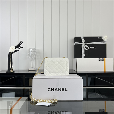 Cha.nel Super Mini Classic Flap Bag Grained Calfskin Gold Tone Metal White 01115