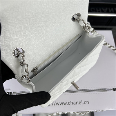 Cha.nel Super Mini Classic Flap Bag Grained Calfskin Silver Tone Metal White 01115
