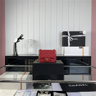 Cha.nel Super Mini Classic Flap Bag Grained Calfskin Gold Tone Metal Red 01115