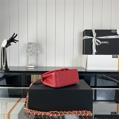 Cha.nel Super Mini Classic Flap Bag Grained Calfskin Gold Tone Metal Red 01115