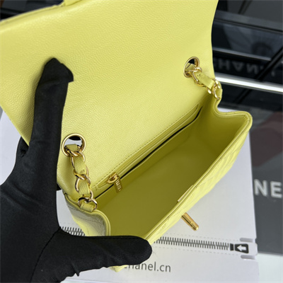 Cha.nel Super Mini Classic Flap Bag Grained Calfskin Gold Tone Metal Yellow 01115