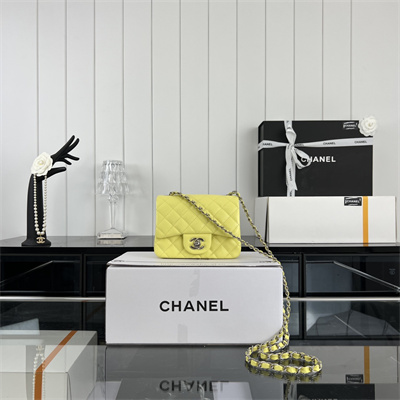 Cha.nel Super Mini Classic Flap Bag Grained Calfskin Silver Tone Metal Yellow 01115
