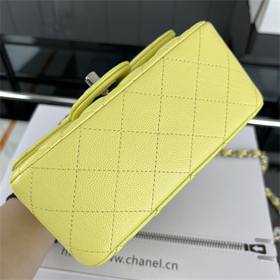Cha.nel Super Mini Classic Flap Bag Grained Calfskin Silver Tone Metal Yellow 01115