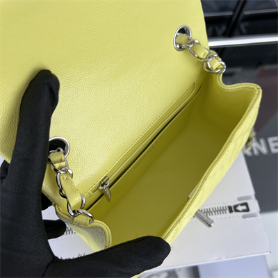 Cha.nel Super Mini Classic Flap Bag Grained Calfskin Silver Tone Metal Yellow 01115