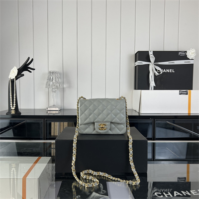 Cha.nel Super Mini Classic Flap Bag Grained Calfskin Gold Tone Metal Grey 01115