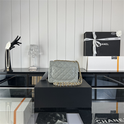 Cha.nel Super Mini Classic Flap Bag Grained Calfskin Gold Tone Metal Grey 01115