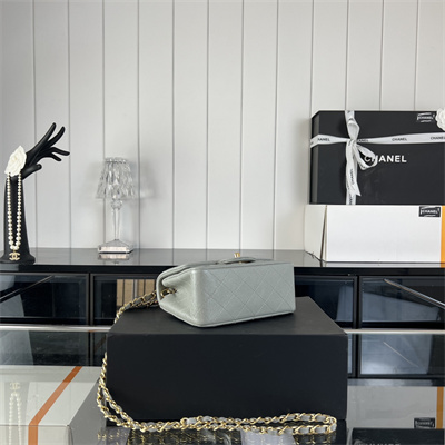 Cha.nel Super Mini Classic Flap Bag Grained Calfskin Gold Tone Metal Grey 01115