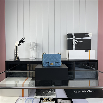 Cha.nel Super Mini Classic Flap Bag Grained Calfskin Gold Tone Metal Blue 01115