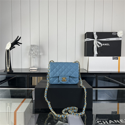 Cha.nel Super Mini Classic Flap Bag Grained Calfskin Gold Tone Metal Blue 01115