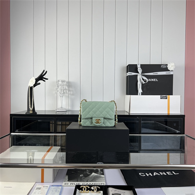 Cha.nel Super Mini Classic Flap Bag Grained Calfskin Gold Tone Metal Lt Green 01115