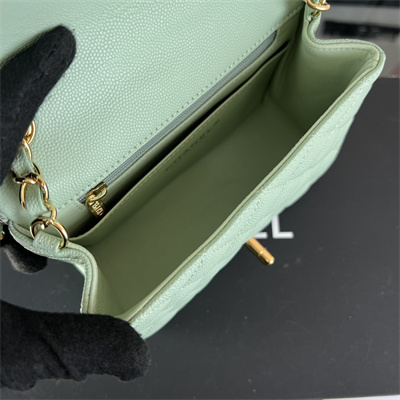 Cha.nel Super Mini Classic Flap Bag Grained Calfskin Gold Tone Metal Lt Green 01115