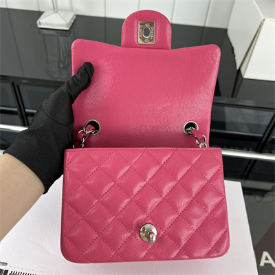 Cha.nel Super Mini Classic Flap Bag Grained Calfskin Silver Tone Metal Fuchsia 01115
