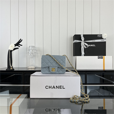 Cha.nel Super Mini Classic Flap Bag Grained Calfskin Gold Tone Metal Lt Blue 01115