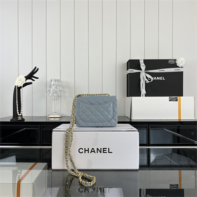 Cha.nel Super Mini Classic Flap Bag Grained Calfskin Gold Tone Metal Lt Blue 01115