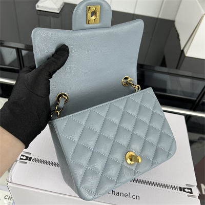 Cha.nel Super Mini Classic Flap Bag Grained Calfskin Gold Tone Metal Lt Blue 01115
