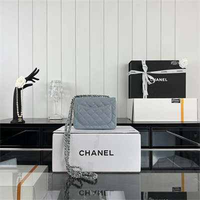 Cha.nel Super Mini Classic Flap Bag Grained Calfskin Silver Tone Metal Lt Blue 01115