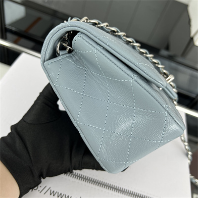 Cha.nel Super Mini Classic Flap Bag Grained Calfskin Silver Tone Metal Lt Blue 01115