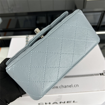 Cha.nel Super Mini Classic Flap Bag Grained Calfskin Silver Tone Metal Lt Blue 01115