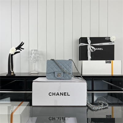 Cha.nel Super Mini Classic Flap Bag Grained Calfskin Silver Tone Metal Lt Blue 01115