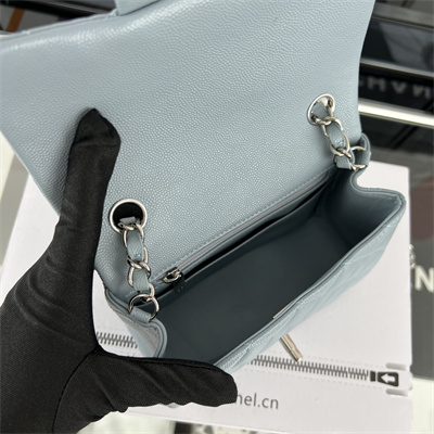 Cha.nel Super Mini Classic Flap Bag Grained Calfskin Silver Tone Metal Lt Blue 01115