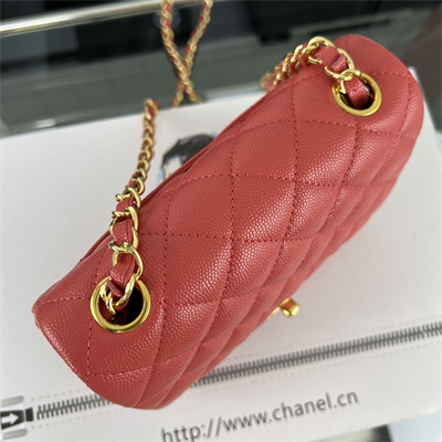 Cha.nel Super Mini Classic Flap Bag Grained Calfskin Gold Tone Metal Red 01115