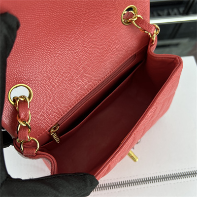 Cha.nel Super Mini Classic Flap Bag Grained Calfskin Gold Tone Metal Red 01115