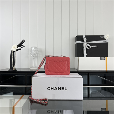 Cha.nel Super Mini Classic Flap Bag Grained Calfskin Silver Tone Metal Red 01115