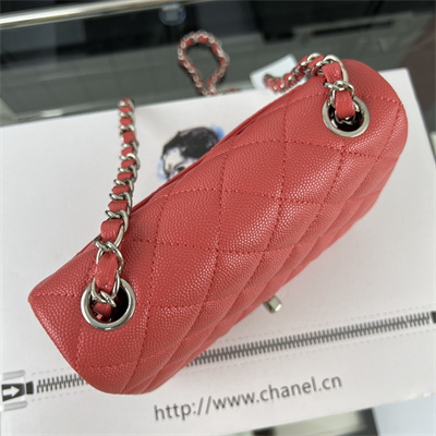 Cha.nel Super Mini Classic Flap Bag Grained Calfskin Silver Tone Metal Red 01115