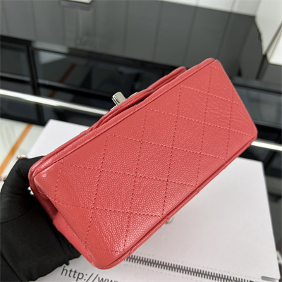 Cha.nel Super Mini Classic Flap Bag Grained Calfskin Silver Tone Metal Red 01115