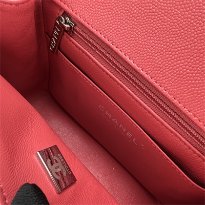 Cha.nel Super Mini Classic Flap Bag Grained Calfskin Silver Tone Metal Red 01115