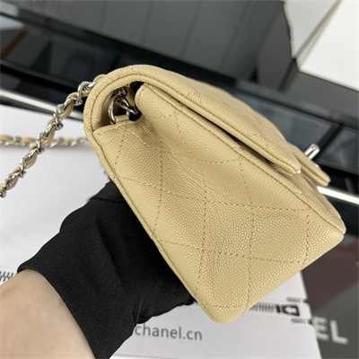 Cha.nel Super Mini Classic Flap Bag Grained Calfskin Silver Tone Metal Beige 01115