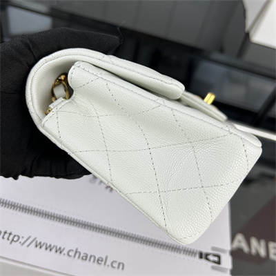 Cha.nel Mini Classic Flap Bag Grained Calfskin Gold Tone Metal White 01116