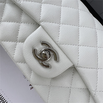 Cha.nel Mini Classic Flap Bag Grained Calfskin Silver Tone Metal White 01116