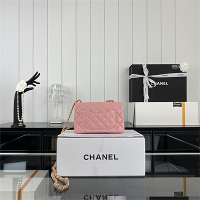 Cha.nel Mini Classic Flap Bag Grained Calfskin Gold Tone Metal Pink 01116