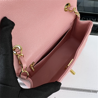 Cha.nel Mini Classic Flap Bag Grained Calfskin Gold Tone Metal Pink 01116