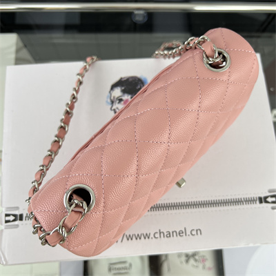 Cha.nel Mini Classic Flap Bag Grained Calfskin Silver Tone Metal Pink 01116