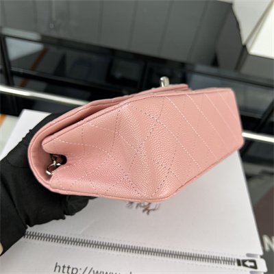 Cha.nel Mini Classic Flap Bag Grained Calfskin Silver Tone Metal Pink 01116