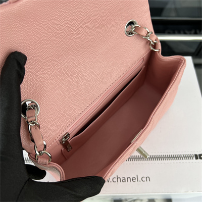 Cha.nel Mini Classic Flap Bag Grained Calfskin Silver Tone Metal Pink 01116