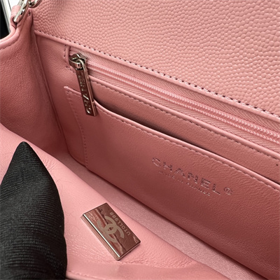 Cha.nel Mini Classic Flap Bag Grained Calfskin Silver Tone Metal Pink 01116