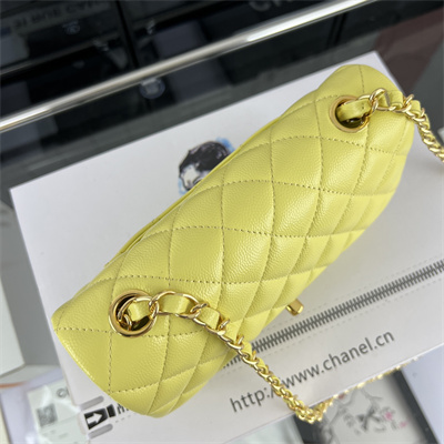 Cha.nel Mini Classic Flap Bag Grained Calfskin Gold Tone Metal Yellow 01116