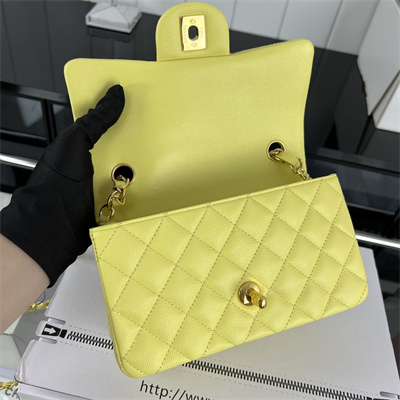Cha.nel Mini Classic Flap Bag Grained Calfskin Gold Tone Metal Yellow 01116