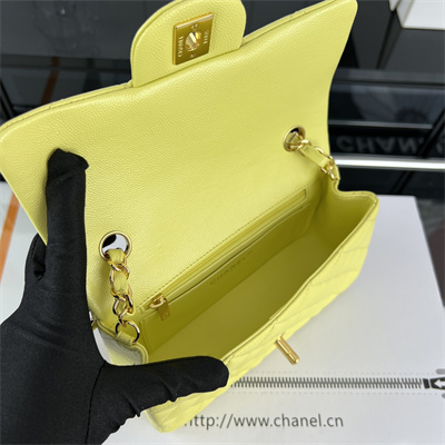 Cha.nel Mini Classic Flap Bag Grained Calfskin Gold Tone Metal Yellow 01116