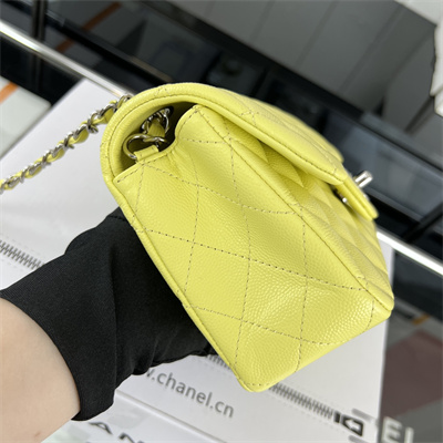 Cha.nel Mini Classic Flap Bag Grained Calfskin Silver Tone Metal Yellow 01116