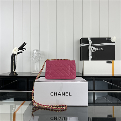 Cha.nel Mini Classic Flap Bag Grained Calfskin Gold Tone Metal Fuchsia 01116