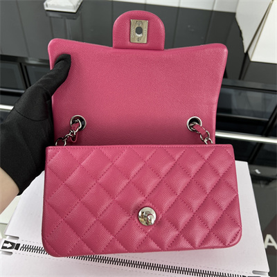 Cha.nel Mini Classic Flap Bag Grained Calfskin Silver Tone Metal Fuchsia 01116
