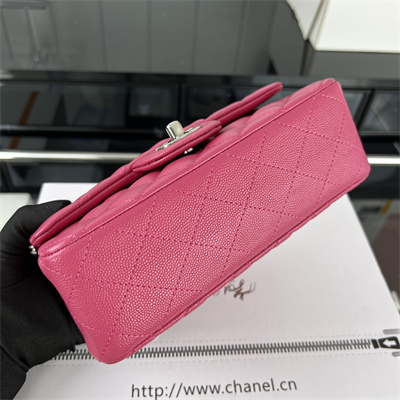 Cha.nel Mini Classic Flap Bag Grained Calfskin Silver Tone Metal Fuchsia 01116