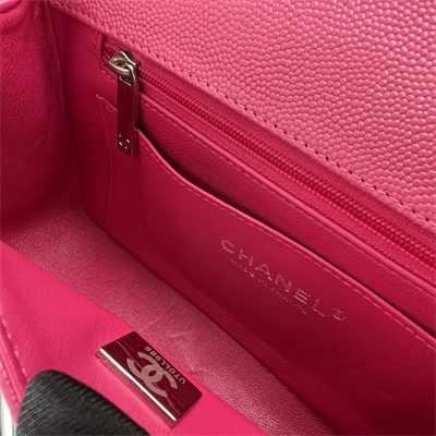 Cha.nel Mini Classic Flap Bag Grained Calfskin Silver Tone Metal Fuchsia 01116