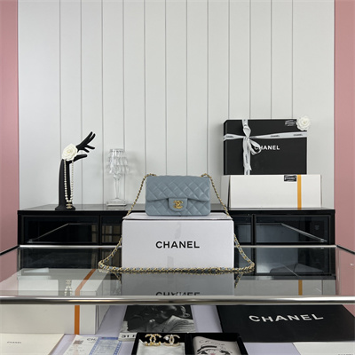 Cha.nel Mini Classic Flap Bag Grained Calfskin Gold Tone Metal Lt Blue 01116