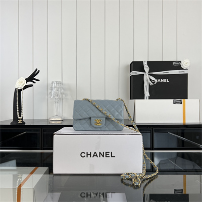 Cha.nel Mini Classic Flap Bag Grained Calfskin Gold Tone Metal Lt Blue 01116