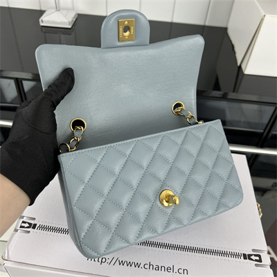 Cha.nel Mini Classic Flap Bag Grained Calfskin Gold Tone Metal Lt Blue 01116